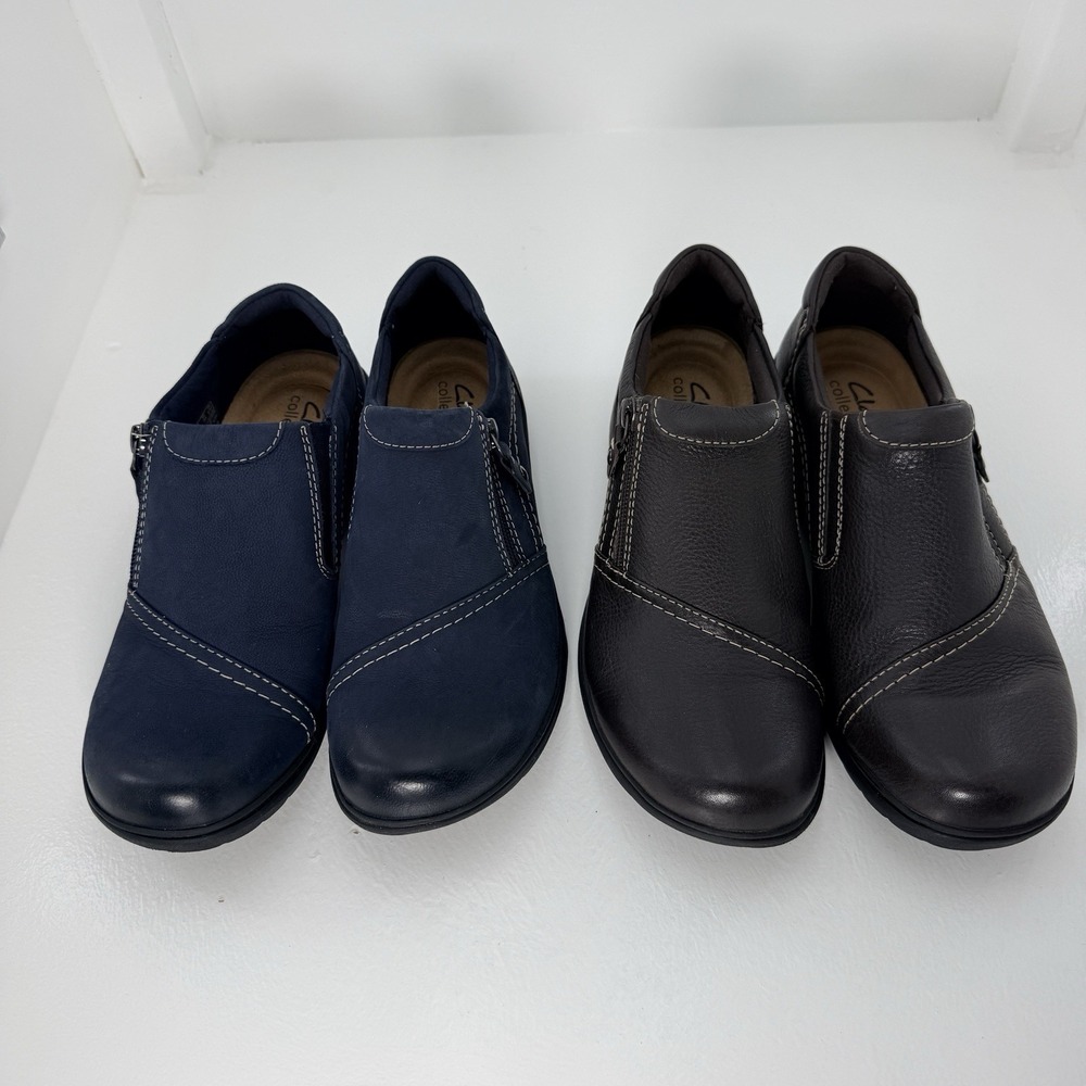 Lot: 2 Pairs Clarks Carleigh Ray Women's Size 8 Leather Slip-On Shoes Navy Brown